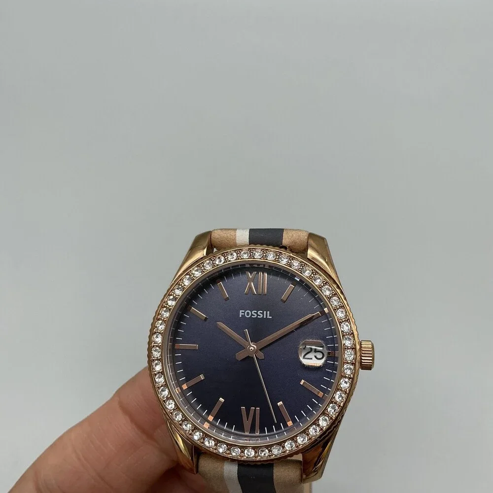 Fossil Scarlette ES4594 Womens Watch 32mm Blue Dial Crystals Leather New Battery